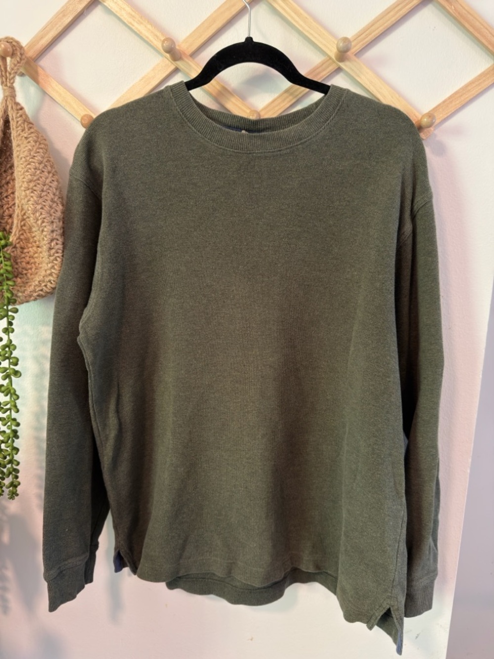 L.L. Bean Waffle Knit Pullover Long Sleeve Top Medium Olive Green
